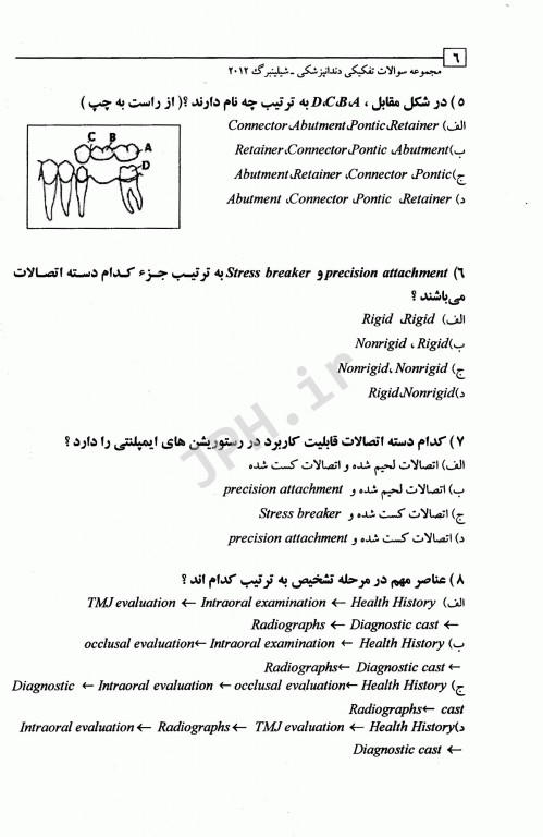 مجموعه سوالات تفکیکی دندانپزشکی DDQ پروتز ثابت شیلینبرگ 2012