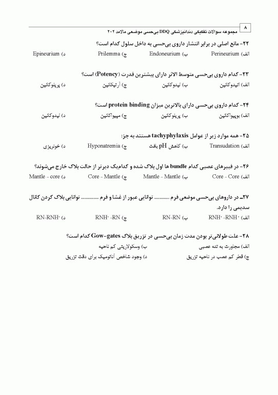 مجموعه سوالات تفکیکی دندانپزشکی DDQ بی‌حسی موضعی مالامد 2020